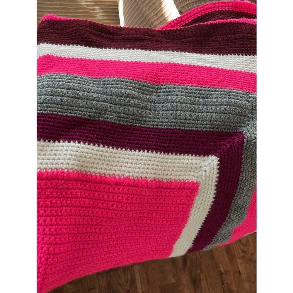 Crochet Hot Pink Gray Squared Baby Afghan Blanket - Picture 3 of 4